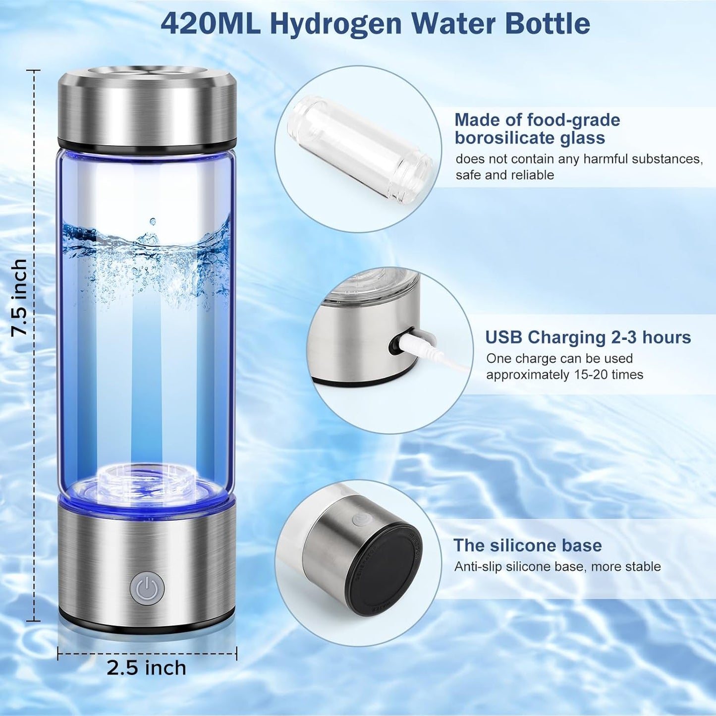 Premium Hydrogen Water Bottle with SPE & PEM Technology — Portable Rechargeable 420 ml Hydrogen Generator for Antioxidant‑Rich H₂ Water, USB‑Powered Electrolysis, Health & Hydration Booster