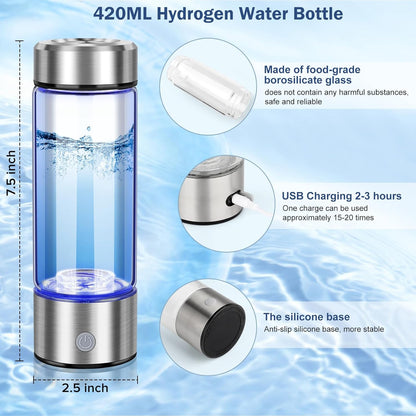 Premium Hydrogen Water Bottle with SPE & PEM Technology — Portable Rechargeable 420 ml Hydrogen Generator for Antioxidant‑Rich H₂ Water, USB‑Powered Electrolysis, Health & Hydration Booster